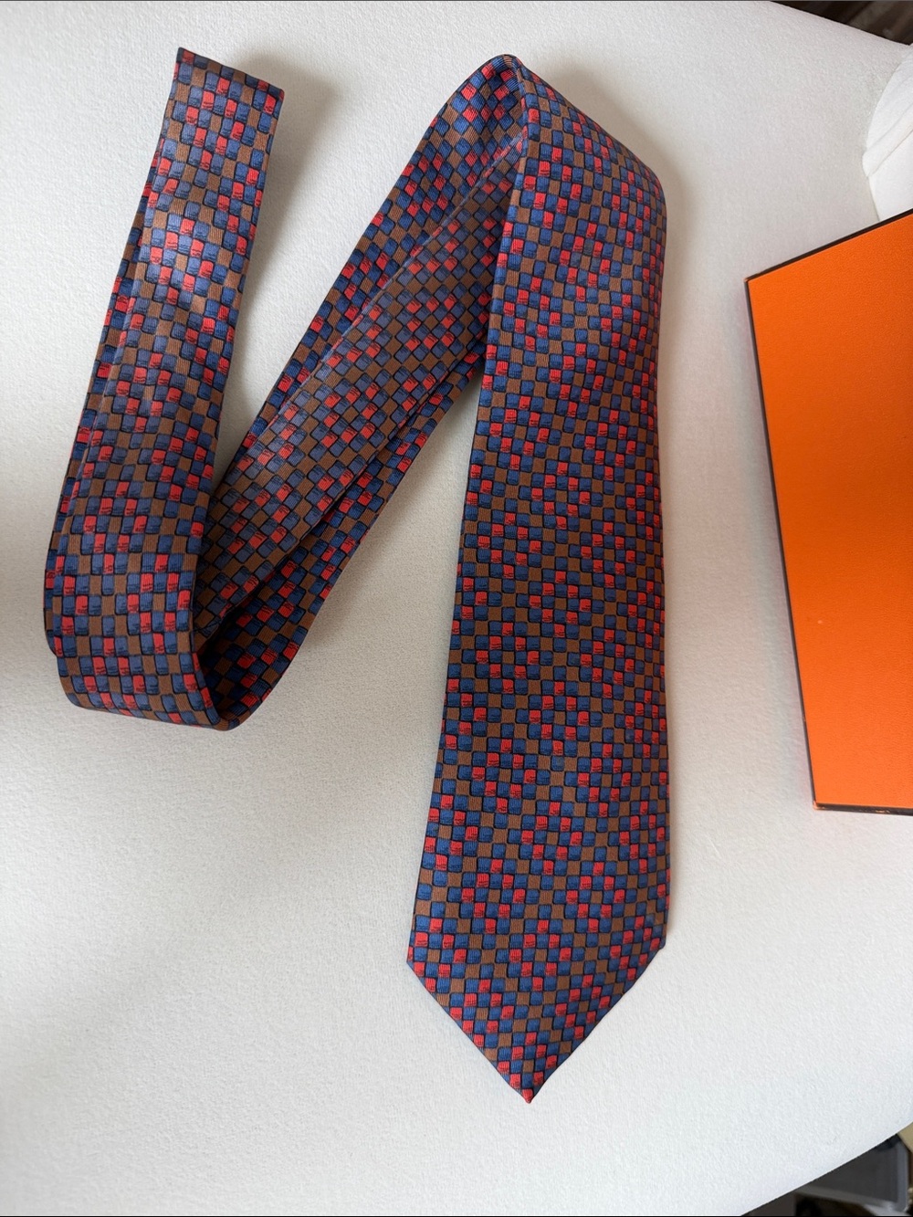 Hermès Paris Silk Tie Blue Red Geometric Check Pattern Luxury Made in France Box - Picture 2 of 6